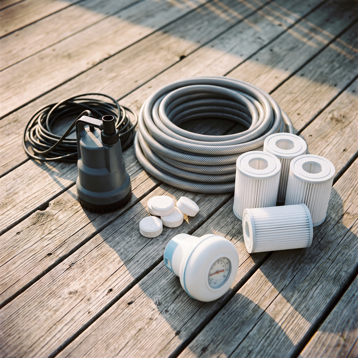 1 Jahres Hygiene Kit + Wasserwechsel Kit für Eisbad auf Holzdeck: Pumpe, 15 m Schlauch, 4 Ersatzfilter, 4 Reinigungstabletten und Dosierschwimmer mit Thermometer