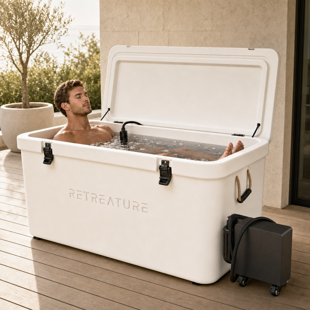 Max Bundle: Mann sitzt in der RETREATURE Eisbad-Box, ProCooler 2.0 mit Kühlelement im Wasser