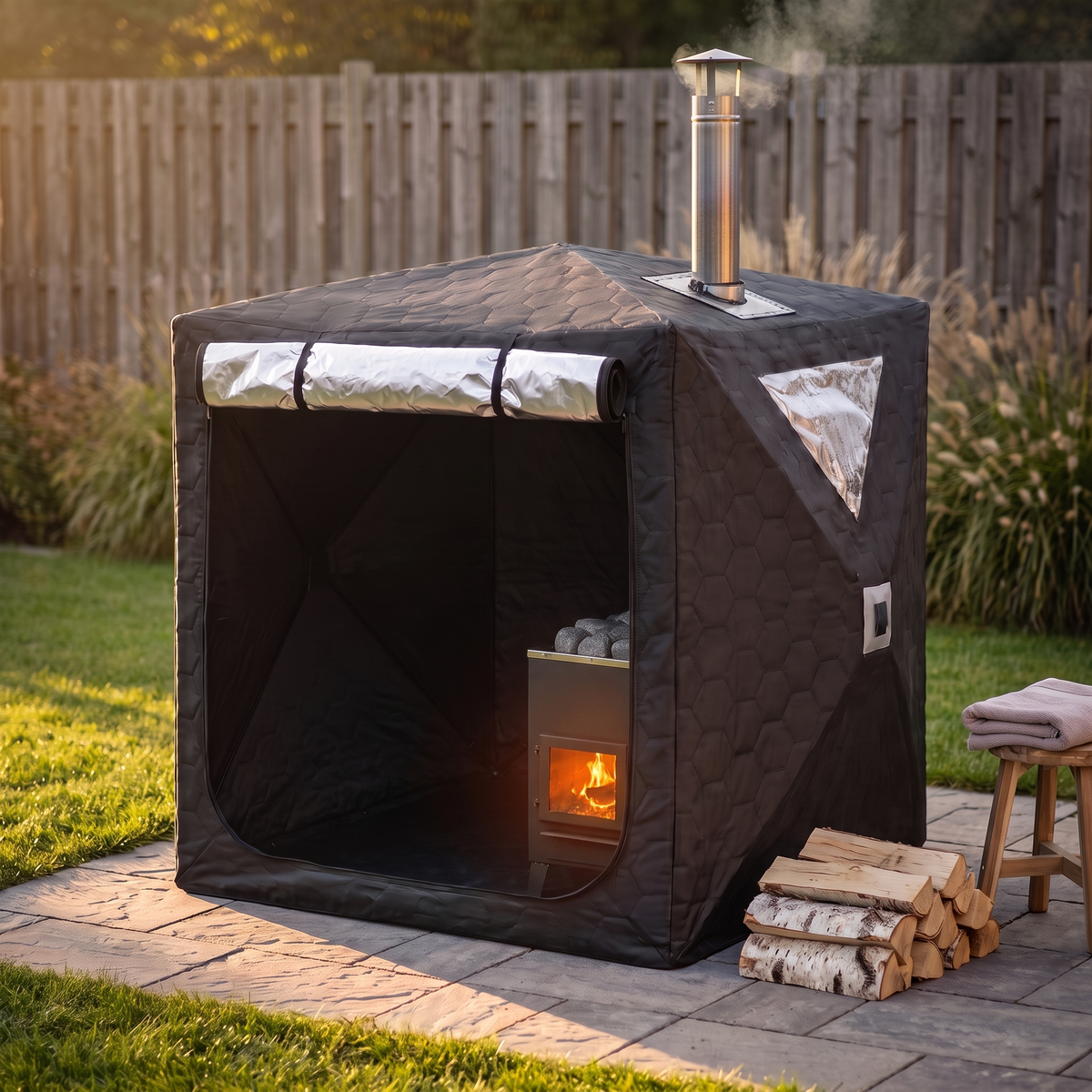Sauna Cube mit Holzofen auf der Terrasse, Kaminrohr seitlich durch das Dach