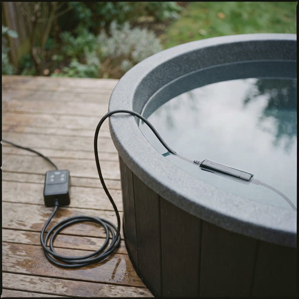 UV-C Modul im Eisbad in Betrieb, Steuerbox trocken auf der Holzterrasse